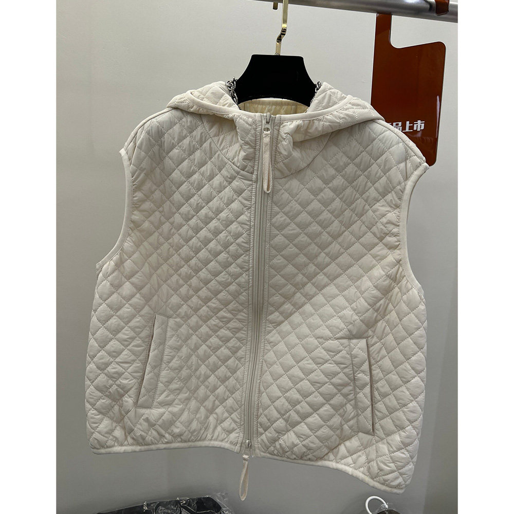 日韩chic2026秋冬大码连帽双拉链菱形格轻薄棉服马甲短外套女上衣
