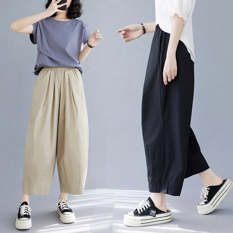 日系2024新款女韩版宽松大码女装百搭休闲束脚纯色口袋灯笼裤女