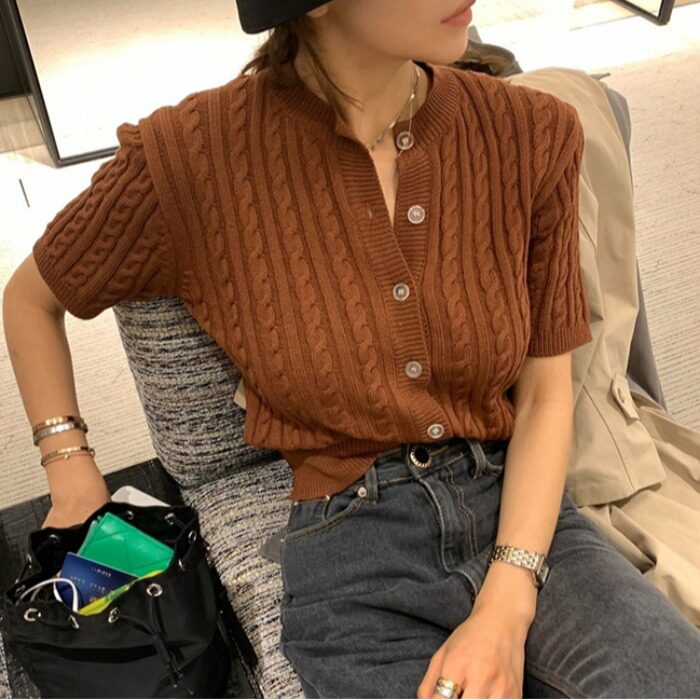 单排扣麻花针织衫短袖上衣2026春夏复古小香风女士针织开衫通勤