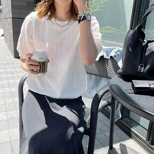 日系跨境新款2026夏季新款字母艺术浮雕压花短袖圆领百搭T恤上衣