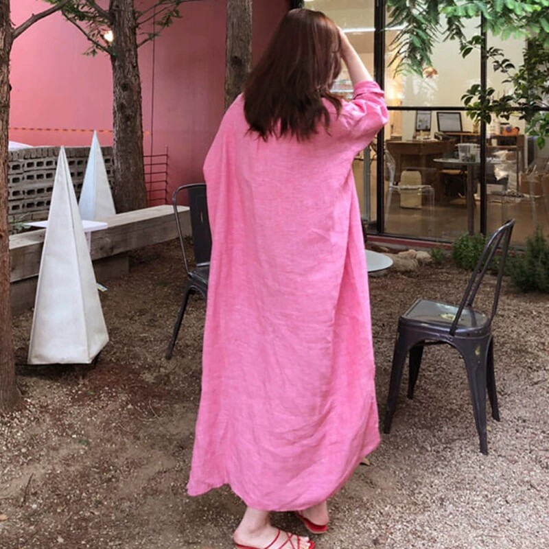 日韩宽松大码棉麻连衣裙过膝长款打底衬衫显瘦森系复古亚麻裙子夏