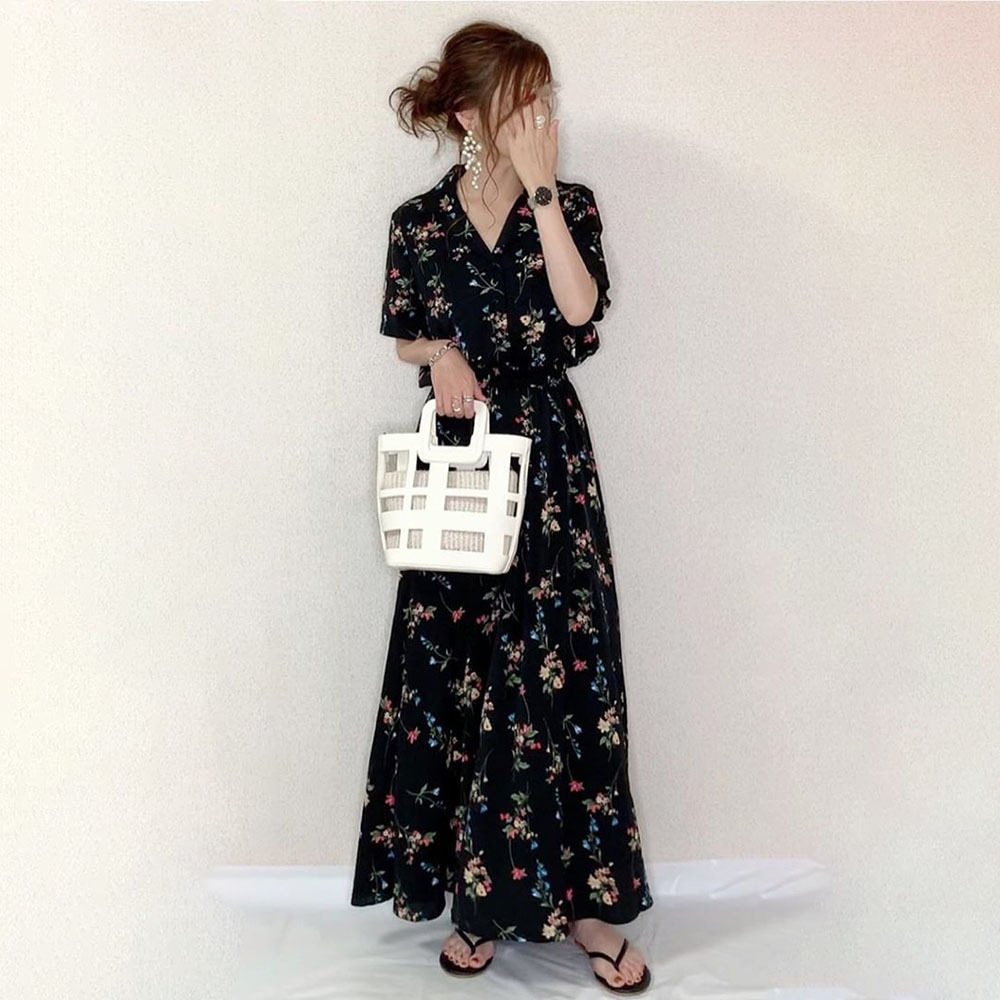 日系跨境外贸西装领小碎花连衣裙夏款日韩女装连衣裙显瘦短袖长裙