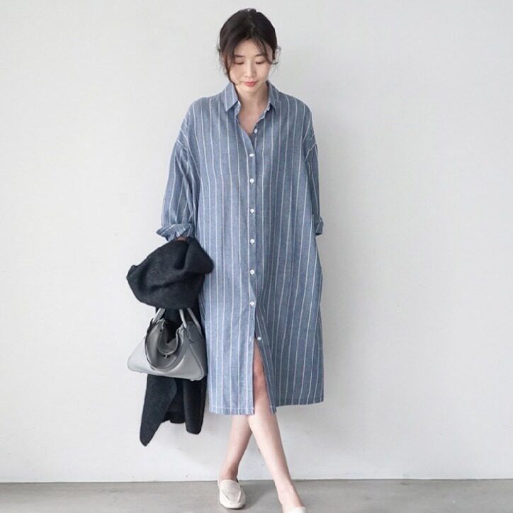 日韩跨境外贸百搭宽松中长款过膝长袖条纹衬衫裙女两侧有口袋裙子