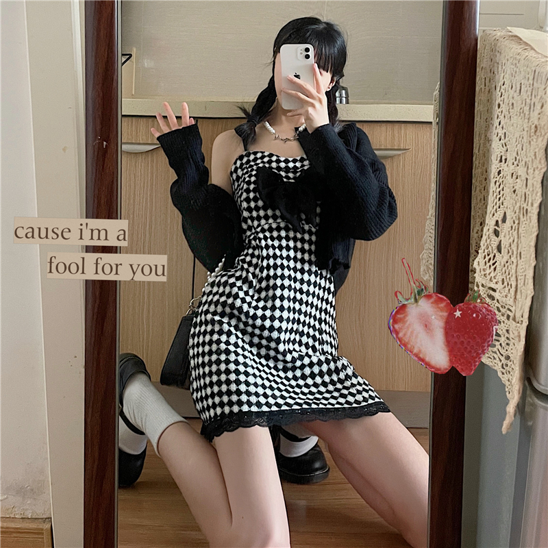 Real price retro design small black and white plaid suspender dress