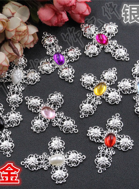 44*59mm（银底）合金十字架吊镶10*14mm椭圆钻 七叶草DIY发饰配件