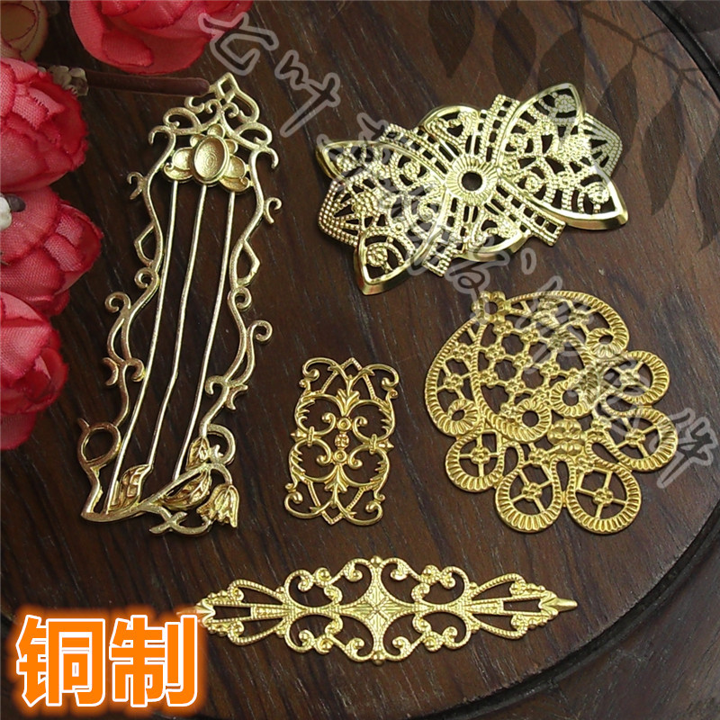 铸铜琴形镂空长方形长条花朵花纹纯铜铜制花片 diy发饰配件材料铜