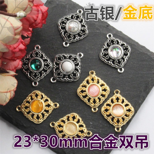 金/古银底23*30mm菱形藏式花纹