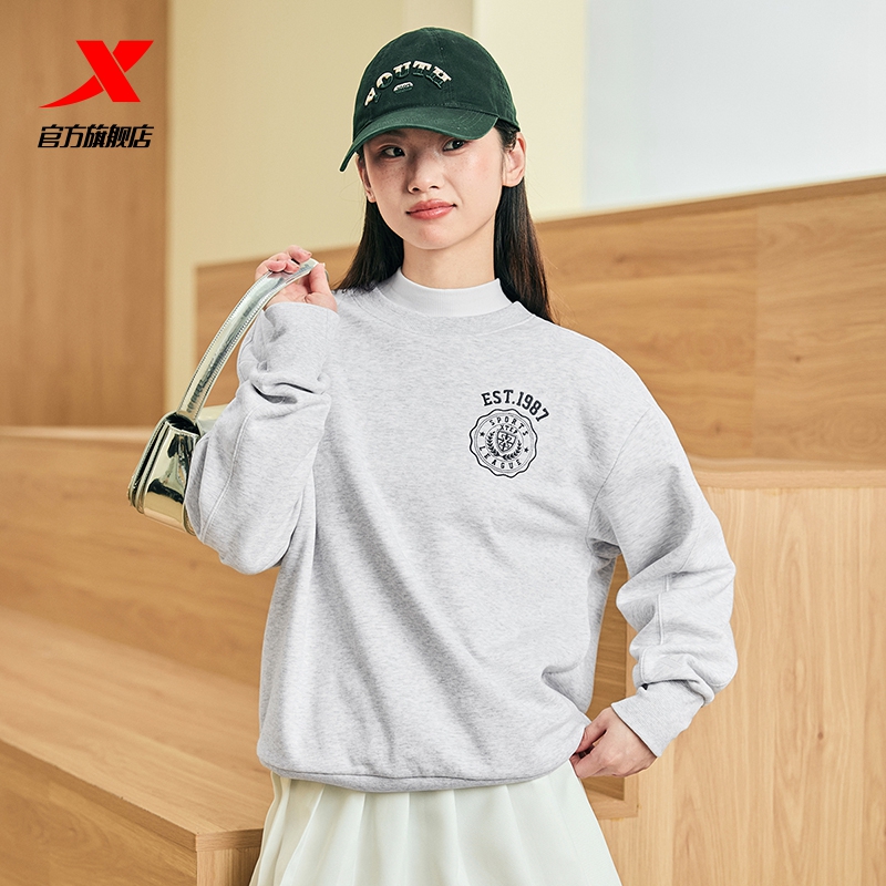 特步加绒卫衣男女同款春秋时尚休闲百搭套头衫圆领刺绣情侣卫衣