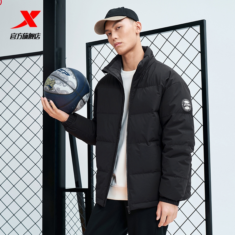 特步羽绒服男款冬季新款官方正品运动上衣加绒加厚保暖男外套黑色