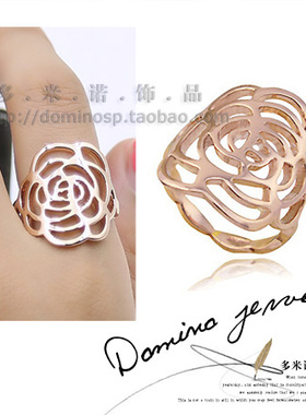 韩国饰品玫瑰金山茶花镂空戒指环