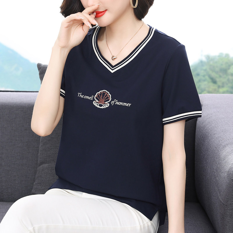 妈妈短袖t恤女夏装纯棉V领上衣