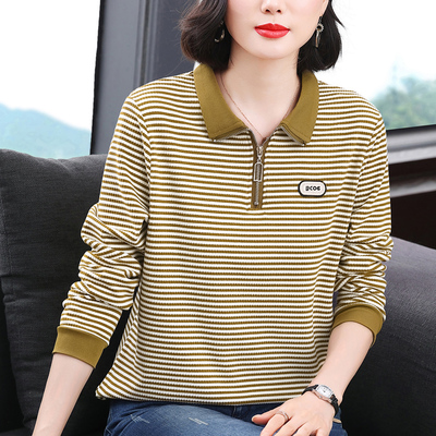 条纹卫衣女翻领长袖妈妈T恤上衣