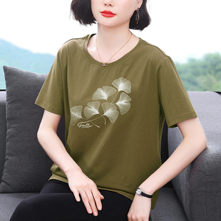 夏装 中年妈妈纯棉短袖 小衫 t恤女洋气大码 宽松上衣潮 减龄正肩半袖
