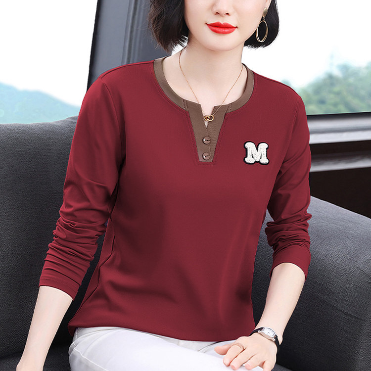 纯棉长袖t恤女中年妈妈秋装新款别致V领减龄上衣宽松洋气休闲小衫