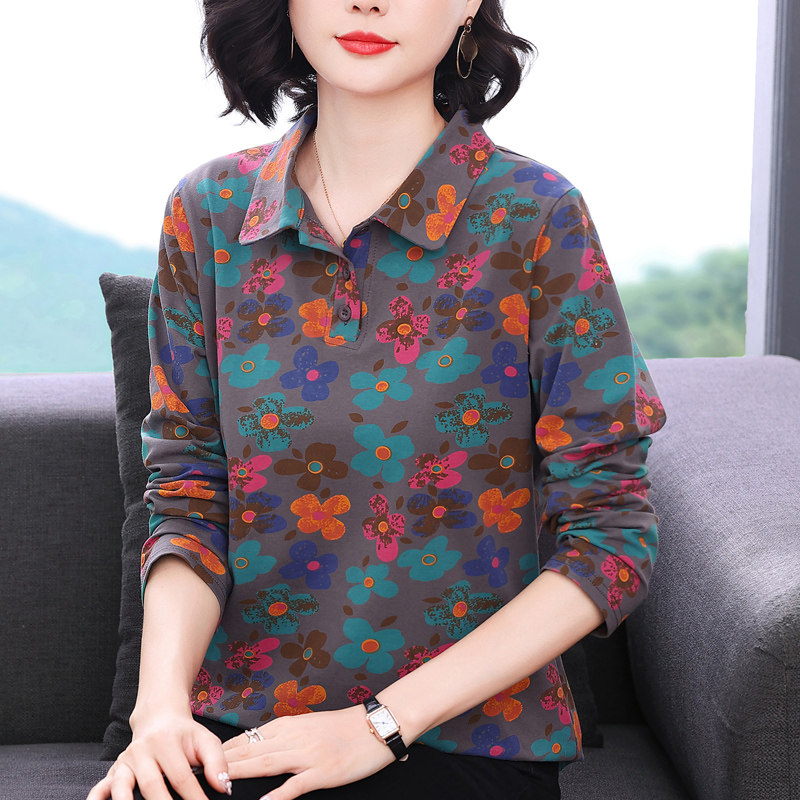 纯棉长袖T恤女翻领外穿妈妈上衣