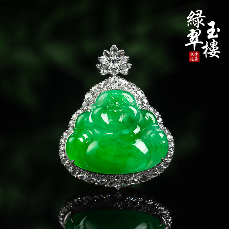 缅甸翡翠18k金镶嵌吊坠佛公冰种阳绿天然玉石珠宝揭阳工艺厚庄618