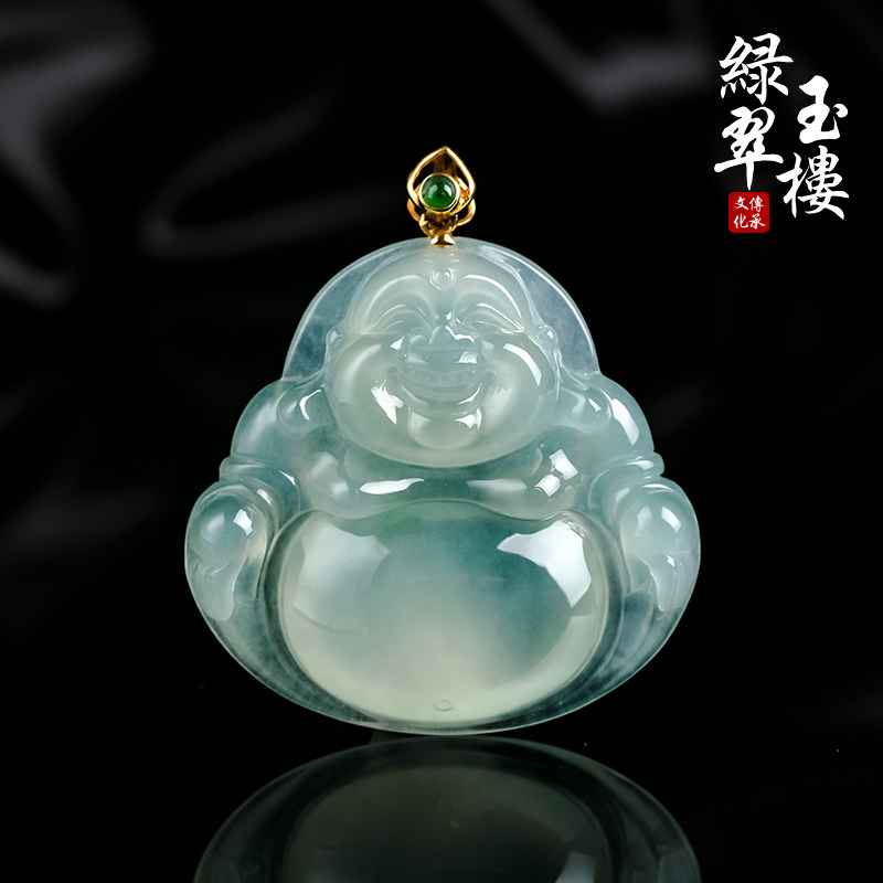 缅甸翡翠蓝花18K金扣头玉佛正品
