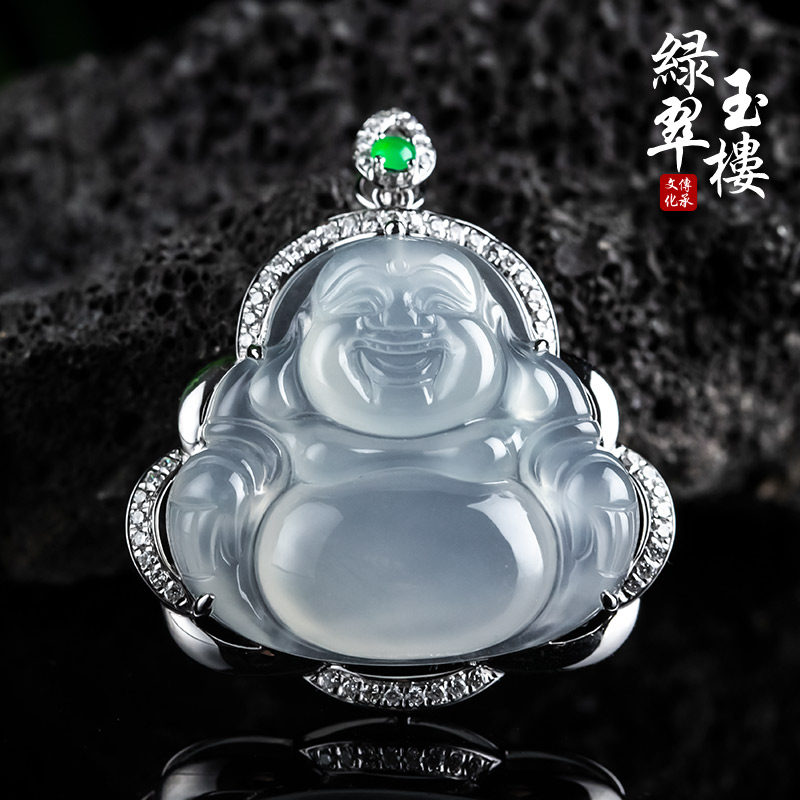 绿翠玉楼缅甸翡翠吊坠佛公玉坠18K金镶玉笑佛弥勒佛挂件玉佛114