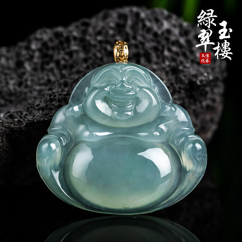 绿翠玉楼缅甸翡翠吊坠玉佛挂件晴绿底佛公玉细腻18K金镶玉笑佛100