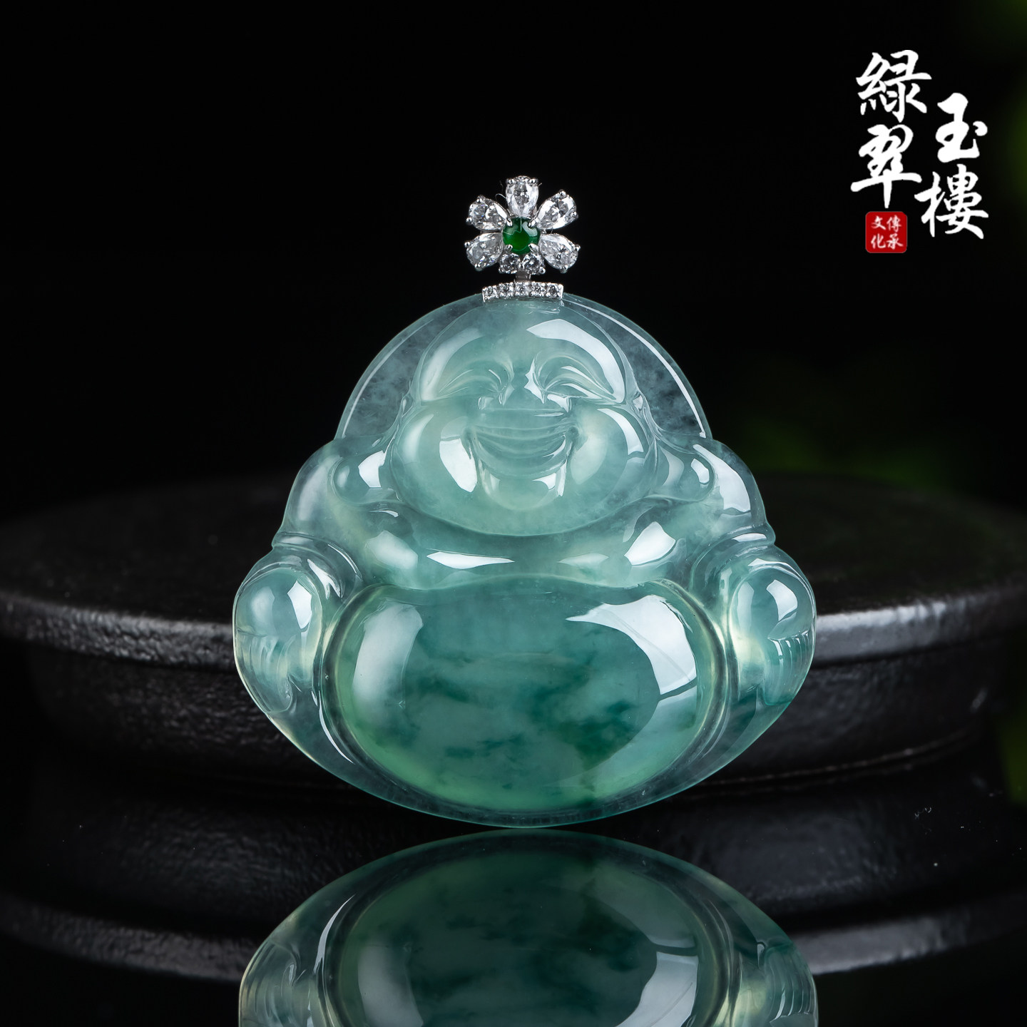 翡翠A货冰种飘蓝花佛公18k吊坠