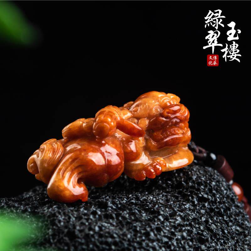 绿翠玉楼缅甸翡翠A货貔貅霸王貔貅手把件红翡特色摆件吊坠挂件587