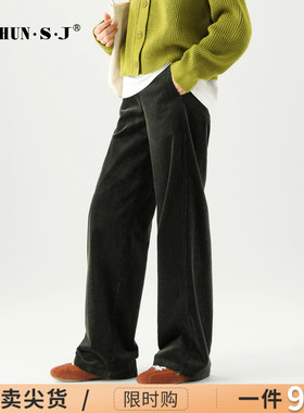 绿色灯芯绒女裤阔腿裤女2025新款冬季休闲裤长裤直筒裤条绒裤子