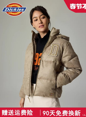 Dickies帝酷适秋冬可拆卸连帽小logo满印休闲女式工装羽绒服
