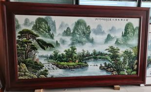 景德镇陶瓷瓷板画手绘山水风景画超大横条客厅挂画青山绿水好人家