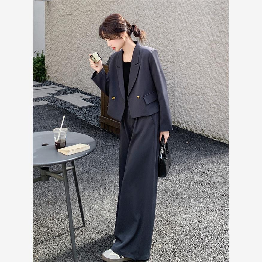 2025春季新款短款小西装外套时尚套装女西服上衣阔腿长裤子两件套