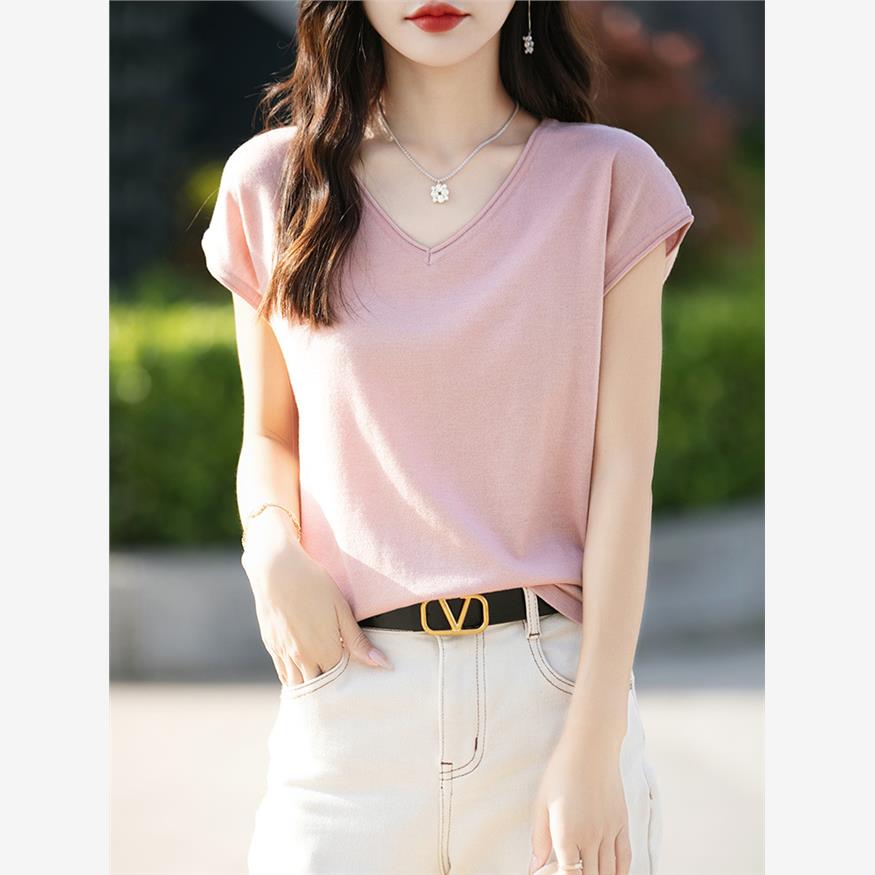 桑蚕丝v领短袖T恤女2024夏季新款高端精纺羊毛卷边针织衫宽松上衣