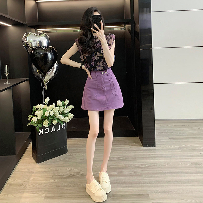 2025超火巨好看的紫色休闲牛仔套装女夏减龄小个子短袖短裙两件套