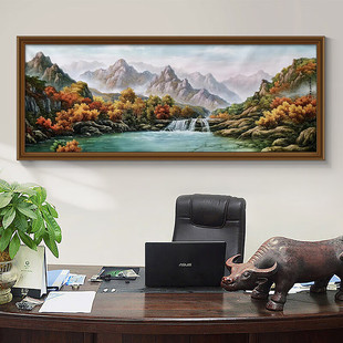 手绘油画细水长流山水风景挂画客厅办公室聚宝盆招财聚财装饰画
