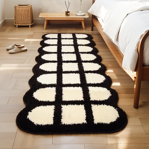 奶油风地毯卧室床边毯高级感房间地毯主卧长条ins地垫黑白脚垫子