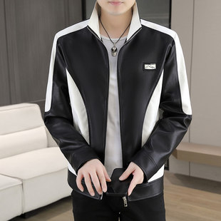 潮牌时尚 秋冬季 休闲皮衣机车复古夹克 皮夹克外套修身 立领轻熟男士