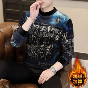 金丝绒卫衣男款时尚潮牌印花冬季加绒加厚长袖t恤内搭秋衣打底衫