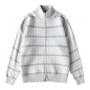 白灰色撞色条纹针织毛衣男款秋季韩系穿搭美式慵懒风立领开衫外套