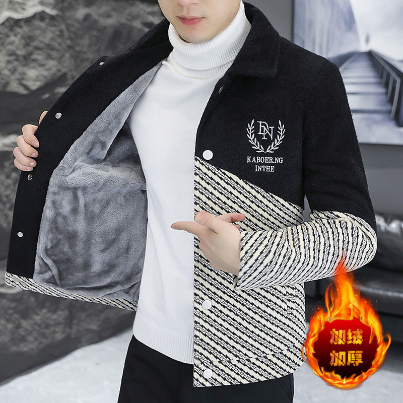 男士翻领加绒加厚毛呢大衣
