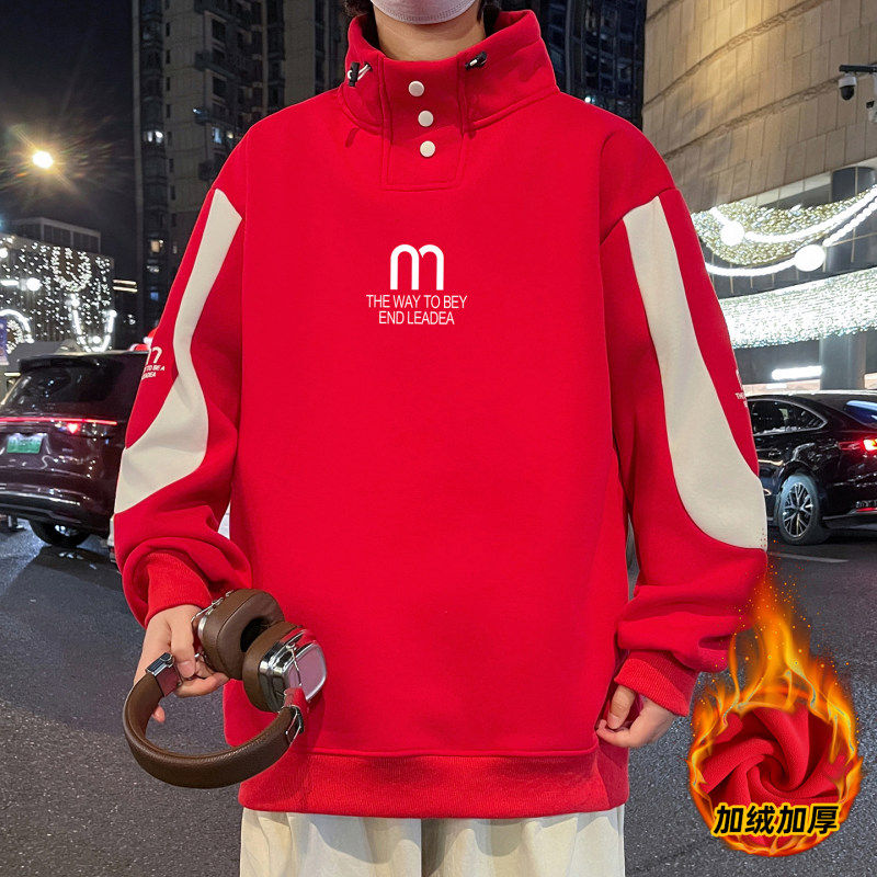 港式潮流男装红色字母卫衣加绒加厚圆领套头宽松保暖上衣打底衫