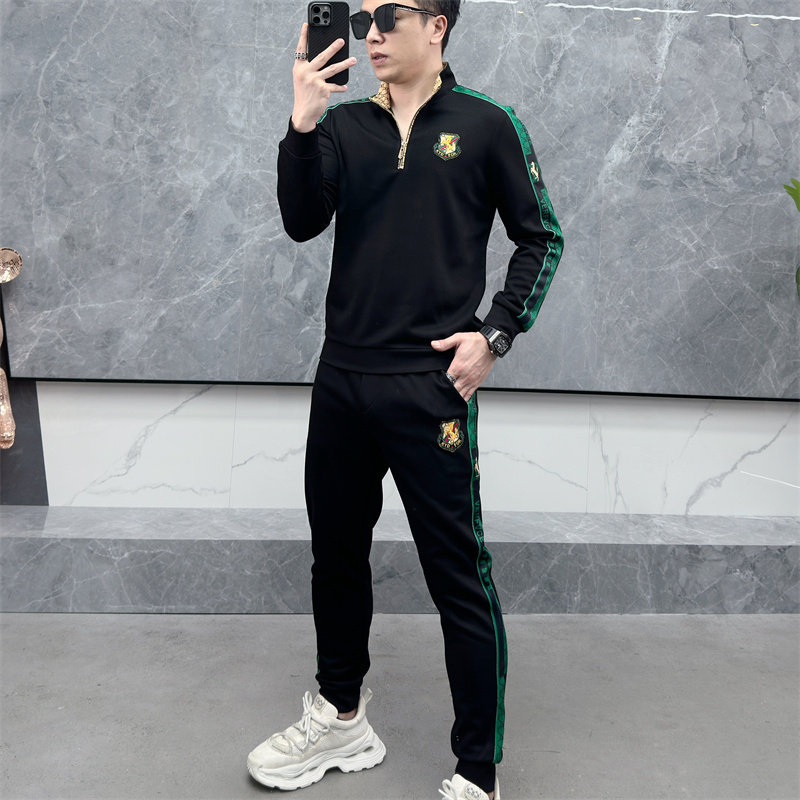 立领拉链卫衣套装男秋季运动长袖t恤两件套潮流修身欧货刺绣全套