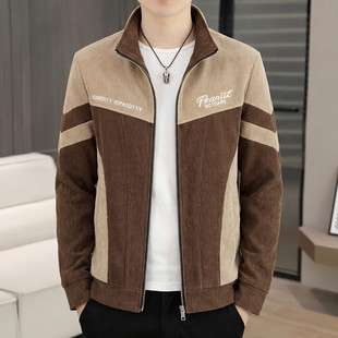 2026春季新款立领撞色短款灯芯绒夹克外套男士中青年修身百搭褂子