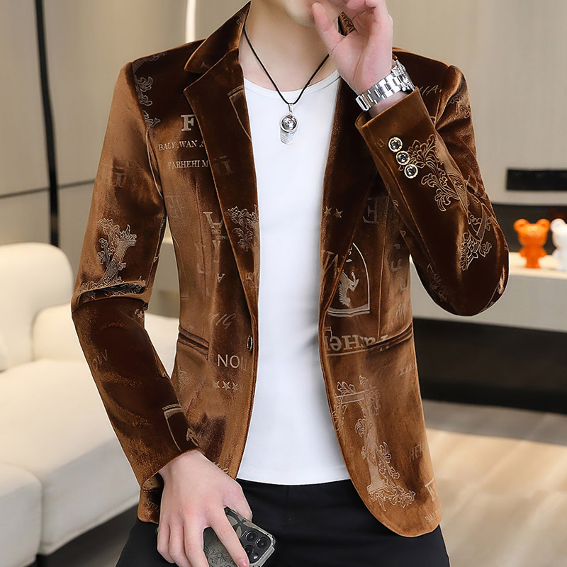 春秋季印花西服男士休闲外套韩版潮流修身单件上衣服金丝绒小西装