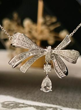 18K金满钻镶嵌天然南非钻石蝴蝶结水滴项链 时尚百搭轻奢显贵高端