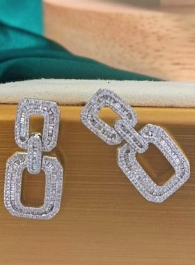 18k金耳钉天然钻镶嵌1克拉钻石耳线回形明星同款T方满钻几何耳饰