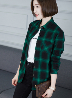 全棉绿色黑红黑白格子衬衫女士长袖新款宽松纯棉春秋女款上衣衬衣