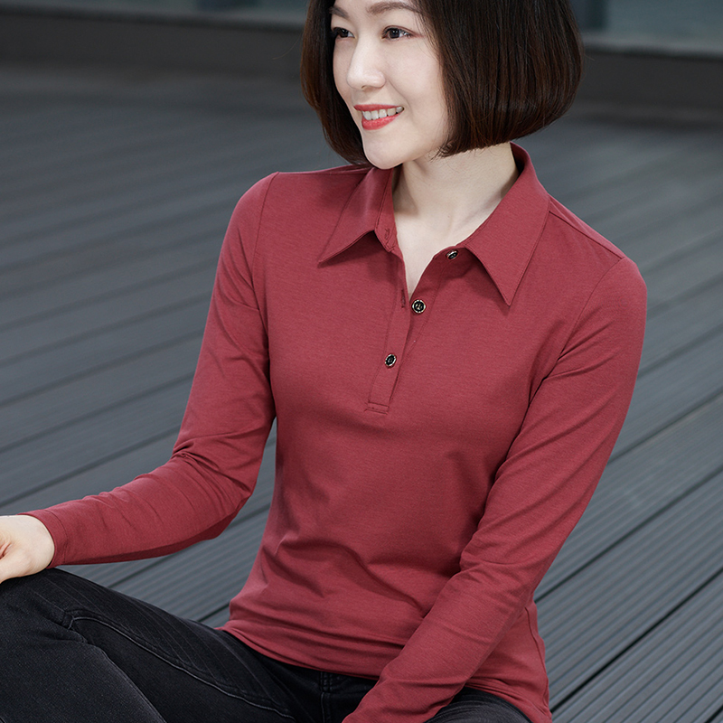 莫代尔修身翻领polo长袖妈妈外穿