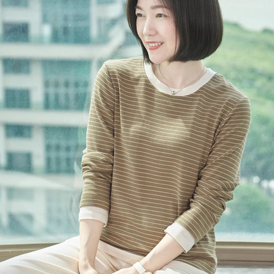 品牌条纹长袖t恤女款春秋圆领新