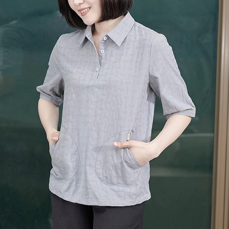 宽松妈妈全棉T恤女翻领短袖上衣