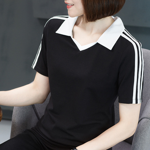 t恤女 夏季 半袖 上衣大码 宽松妈妈有领翻领带领polo领黑色纯棉短袖