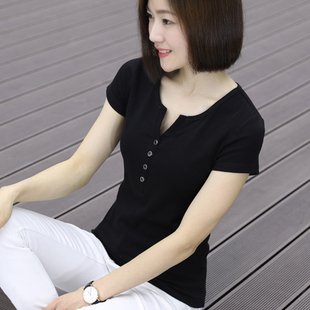 体恤上衣 横行道夏薄款 纯棉短袖 t恤女V领黑色显瘦百搭修身 妈妈半袖