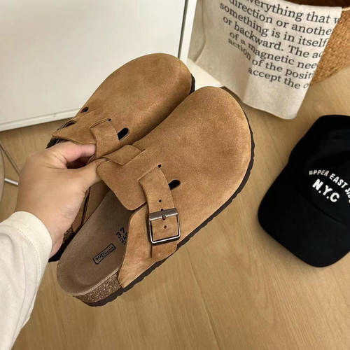 博肯牛皮包头拖鞋女外穿软木厚底